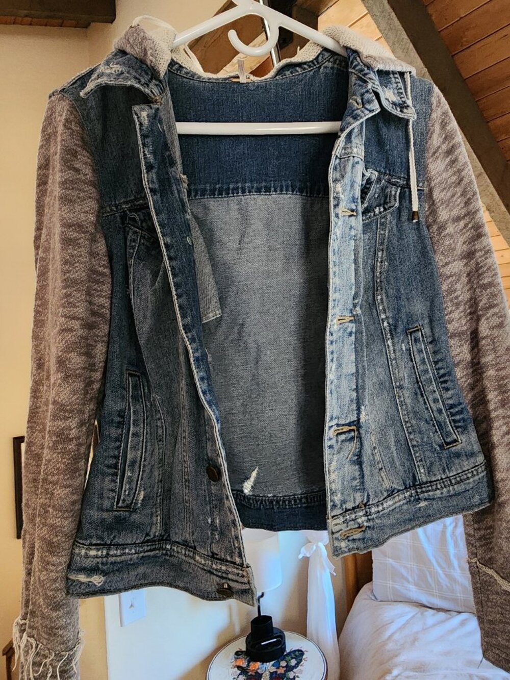 Free People Distressed Denim Knit Hooded Jacket Blue Gray Size XL Fits like a L